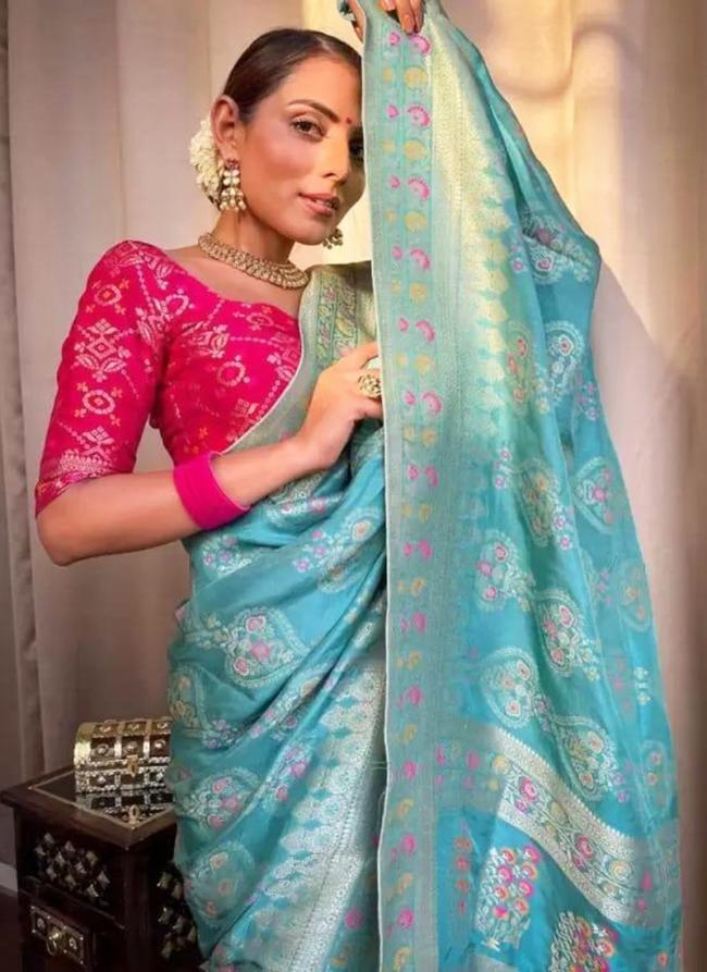 Silk Sky Blue Traditional Wear Jacquard Work Saree